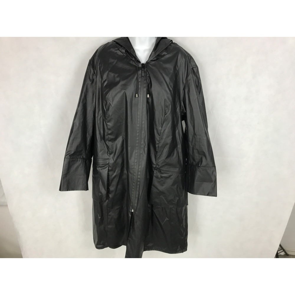 Risona Tomo Womens Rain Coat XL Black Hooded Pockets Cotton Zip Up Full Length